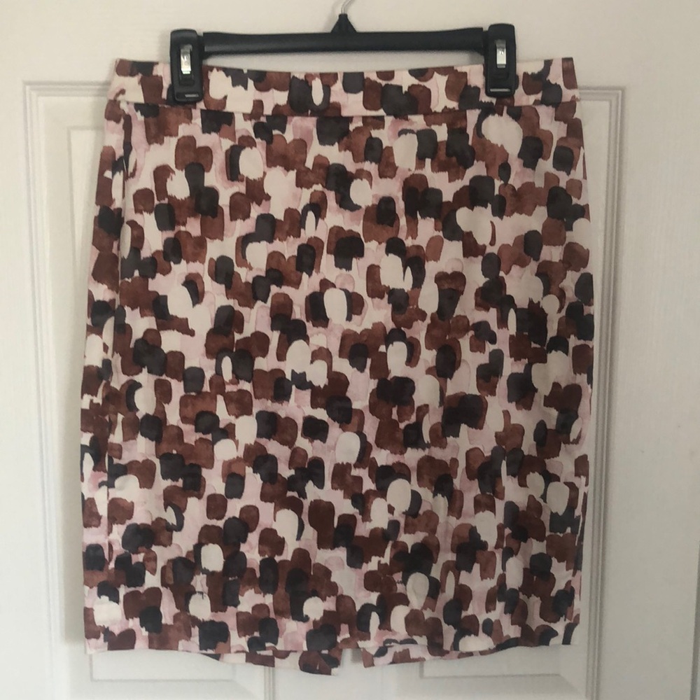 J. CREW Stretch Neapolitan Dot Pink, Brown and White Pencil Skirt Size 8
